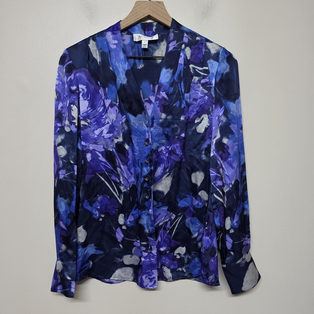 St. John Collection 100% Silk Floral Blouse Top Purple Blue Button Front Sz 2